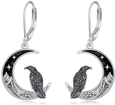 URONE Raben Krähen Ohrringe 925er Sterling Silber Halb Mond Krähe Hexen Halloween Schmuck Geschenke für Frauen