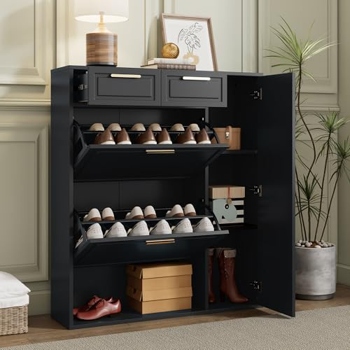 Rvjiahe Moderne Schuhschrank, mit verstellbaren Regalen, goldenen Griffen, Schubladen, Klappschuhschrank und Türen, Schwarz, B95/D24/H107