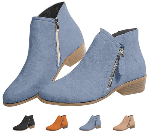 Stivaletti da donna in pelle scamosciata con cerniera, alla moda, a punta, tacco basso, in pelle scamosciata, con cerniera laterale, senza lacci, Blu, 0 UK
