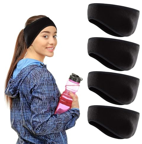 Lot de 4 Bandeaux Polaires Chauds pour Femmes et Hommes, Cache-Oreilles Hiver Sport Extensible, Bandeau de Course à Pied, Vélo, Ski, Yoga, Cyclisme, Anti-Froid Thermique, Noir, Taille Unique