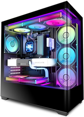 PCZZOI ARGB Panoramic Mid-Tower PC Case – 7x Pre-Installed Fans, Mid Tower Computer Case with Full-View Dual Tempered Glass, ATX Gaming PC Case,Black,P4