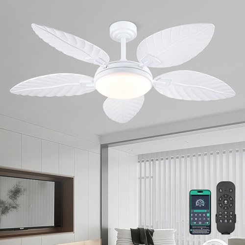 Kviflon 132 cm Palm-Deckenventilator mit Beleuchtung, weißer tropischer Außenventilator mit Fernbedienung/App für Schlafzimmer und Terrasse, dimmbar, 3 Farben, 6 Geschwindigkeitsstufen