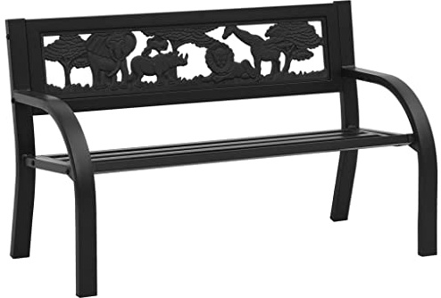 Kaloriko Kinder-Gartenbank 86 cm Stahl schwarz mit Tierverzierungen, stabile Metall Sitzbank für Terrasse Balkon Vorgarten, wetterfest und platzsparend, komfortable Rückenlehne für draußen