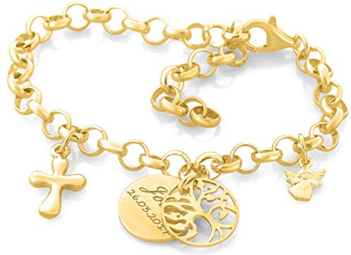 Taufarmband gold Lebensbaum Engel Kreuz Namensschmuck zur Taufe Taufgeschenke Mädchen mit Schutzengel 925 Silber Armband mit Namen | HANDMADE IN GERMANY