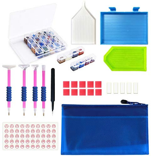 JUSONEY 5D Diamond Painting Kit- 31 Pieces DIY Diamond Painting Accessories Pack with 28 Slots Diamond Embroidery Box Ceramic Tweezers Pens Toolbox for Diamond Art Accessories