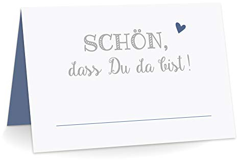 KuschelICH Premium Tischkarten Schön DASS Du da Bist mit Herz Platzkarten zum selbst Beschriften (Blau, 25)