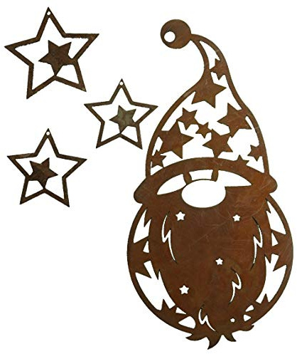 Rostikal Weihnachtsmann Set Hängen 20 cm mit 3 Sternen, Fensterdeko Rost | Nikolaus 20 cm und drei Sterne Ø 6, 5 und 4,5 cm, 1 mm Cortenstahl fertig gerostet, je mit Loch, Mobile oder vier Anhänger