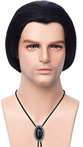 FVCENT Kurze gerade gerade schwarze Vincent Vega Perücke von Pulp Fiction Perücken mit 1 Bolo Krawatte, Herren kurze schwarze gerade Perücke Halloween Kostüm Kostüm Perücken