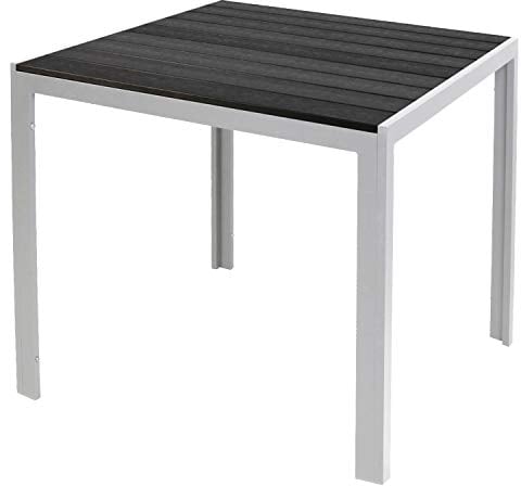 FineHome Schöner Aluminium Gartentisch Esstisch Gartenmöbel Silber/Schwarz Tisch Holzimitat wetterfest 90x90x74cm