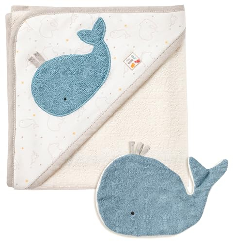Fehn Baby Wal Badetuch & Waschhandschuh Bade-Set - Kapuzenhandtuch mit süßem Wal für Babys und Kleinkinder ab 0+ Monaten - Kinder Poncho mit Bio Baumwolle