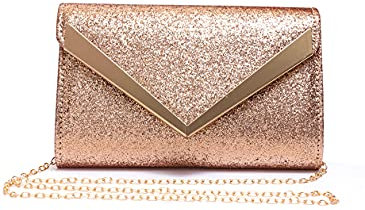 New Women's Rose Gold Sparkling Shiny Small Diamanti Crystal Clutch Bag Ideal For Wedding Prom Dinner Evening Party Event (V Shape Envelope)
