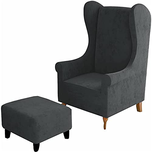 BXFUL Ohrensesselbezüge und Ottomane Abdeckung Bezug, Ohrensessel Schonbezug Hocker Bezug Rechteck/Square Samt Stretch 2 Stück (Wing Chair & Ottoman M,Grau)