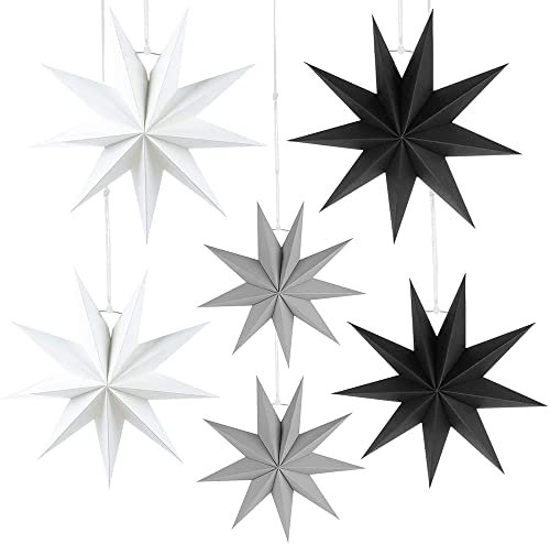 HBSTK 6 x Faltstern Weihnachten Papiersterne 9 Zacken 3D zur Dekoration von Fenster Weihnachtsbaum Advent 2 x Φ45, 2 x Φ30, 2 x Φ25 cm (Schwarz, Weiß, Grau)