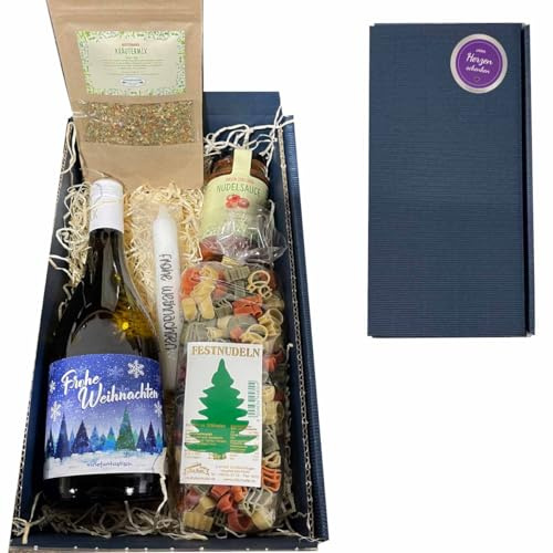 Geschenkset Weihnachten // Feinkostgeschenk Weihnachten mit Nudeln, Weihnachts-Wein, Pastasauce, Gewürze, Weihnachtskerze