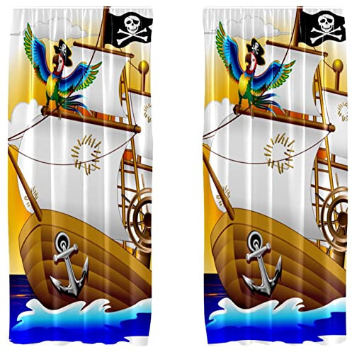 Cartoon Piratenschiff Papagei Kapitän Fenstervorhänge Leichte Dekorative Paneele 2er Set 139,7 x 213,4 cm