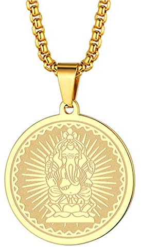 Chengxun Herren 316L Edelstahl Indische Mythologie Hindu Gott Lord Ganesha Halskette für Männer Frauen Schutz Wächter Medaillon Okkulter Schmuck Talisman Amulette Geschenke (18 Karat vergoldet)