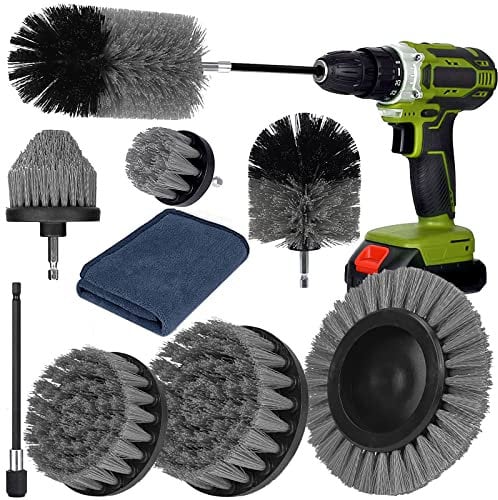 Amzeeniu Bürstenaufsatz Bohrmaschine Set,9 Stück Akkuschrauber Befestigung Bürste Drill Brush,Reinigungsbürste Felgenbürste Scrubber Reinigung Kit für Felgen,Fliesen,Küche,Auto,Sofa Ecken & Grill grau