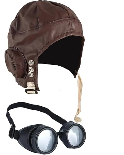 Mega_Jumble Adult Vintage RAF Biggles Aviator Pilot Fancy Dress Costume Set – Pilot Hat/Helmet & Goggles – Grandpa Escape WW2 Flying Man Outfit – 1940s Pilot Fancy Dress Accessories