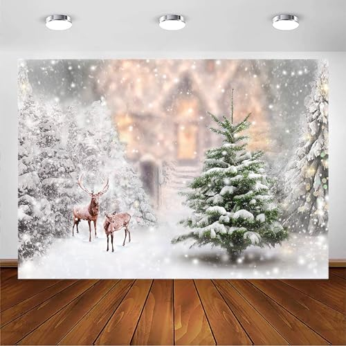 Avezano Winter Weihnachten Hintergründe für Fotografie Xmas Pine Tree Elks Winter Wonderland Foto Schneeflocke Wald Hintergrund Schloss Hintergründe Weihnachten Geburtstag Party Banner((2,1 x 1,5 m)