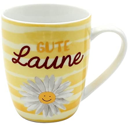 Dekohelden24 Kaffeebecher/Tasse aus Porzellan, Motiv: Gute Laune, Größe H/Ø: 9,8 x 8,2 cm, Fassungsvermögen 250 ml, Spülmaschinengeeignet.