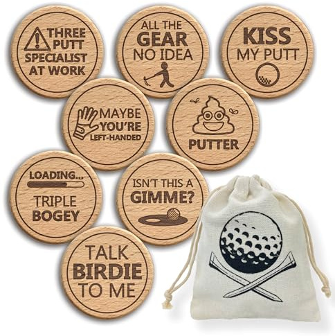 Lustige Golfball-Marker | Set mit 8 Holz-Markern mit Gravur + Tasche zum Zuziehen | Scherz-Golfzubehör für das Putting Green | Geschenk für schlechte Putter | Golftagswettbewerb/Turnierpreis