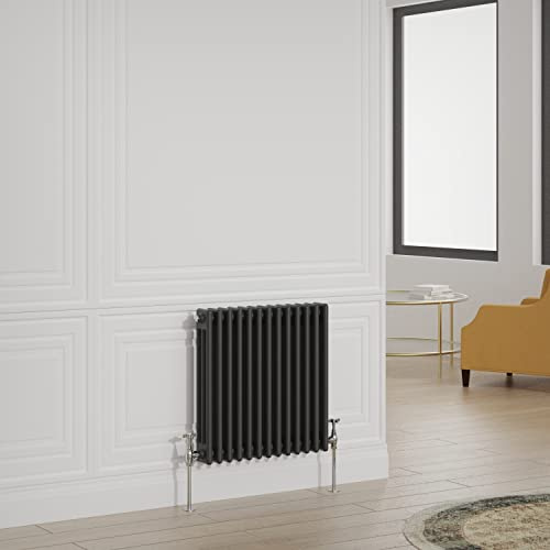 Warmehaus Traditional 3 Column Black Horizontal Radiator 600x605mm | Victorian Radiator, Radiators Wall Mounted Central Heating, Designer Triple Column Radiator, Bathroom Kitchen Small Radiator