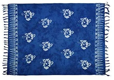 SAIVONA Pareo Sarong Strandtuch Damen - Wickelrock Strand - Handtuch Blickdicht als Wickeltuch oder Handtuchkleid und Wickelkleid Damen - Handarbeit aus Fair Trade Herstellung Batik Blume Blau