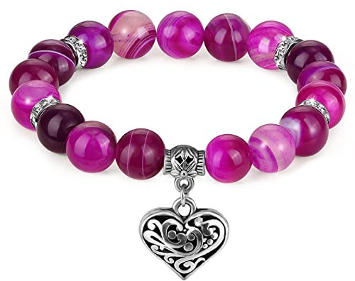 Emibele Damen Armband, Handgemachte Kristall Armbänder Heilendes Yoga Perlenarmband mit Herzanhänger, Elastisches Achat Perlenarmband Naturstein Schmuck für Frauen Damen Mädchen, Lila