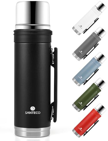 SANTECO Bottiglia Termica 1L con Coperchio-Tazza, Termos Caffè in Acciaio Inox Doppia Parete, Borraccia Termica per Bevande Calde e Fredde, Tappo Quick-Press, per Caffè e Tè, Senza BPA