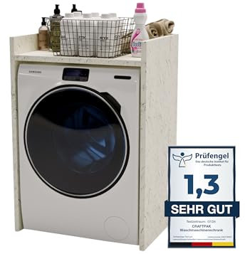 CraftPAK Waschmaschinenschrank geeignet für Waschmaschine & Wäschetrockner, Waschmaschinenschrank Überbauschrank, Badezimmermöbel Größe 66x97x48 cm Farbe Marmur-Weiß