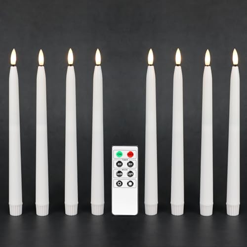 Fanna 8 Flameless Taper Candles with Timer, Battery Operated Led Candle Sticks Real Wax Finished, 2 Remotes and Batteries Included - H 28cm (White)