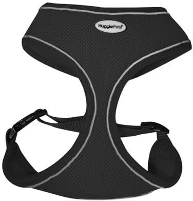 HugglePets Hundegeschirr, verstellbar, wasserdicht, Air-Mesh-Hundegeschirr, Größe L 53–74 cm, stark und sicher, leicht und atmungsaktiv, für große Hunde, mit reflektierendem Futter, Schwarz
