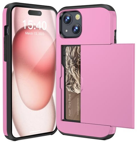 ACOCOBUY for iPhone 15 Case with Card Holder Sliding Cover Hidden Pocket IDs Credit Cards Slot Heavy Duty Shockproof Protective Dual Layer Wallet Phone Cover Back Shell for Men Women 6.1 inch pink