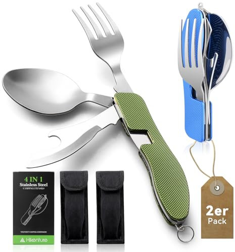 Camping Besteckset Klappbar Edelstahl 2er-Pack, 4 in 1 Outdoor Besteck zum Mitnehmen, Bundeswehr Reisebesteck Klappbesteck 1 Person für Unterwegs, Flaschenöffner Messer Gabel Löffel Set, Grün+Blau