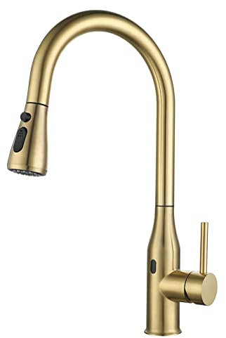 JAMCHE Touchless Modern Gold Kitchen Faucet, Brass, Pull Out Sprayer, 2 Modes, Single Handle, Deck Mounted, Sense Tap, 360° Rotating Tap