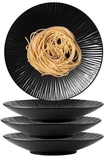 CLAY TONIC Claytonic Set of 4-Japanese Style Porcelain Round Dinner Plates, Versatile Circular Serving Plates for Pasta, Salad, Steak Dinner (Black, 8.8 Inches)