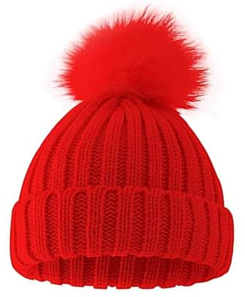 xinshibao Wintermütze Strickmütze mit großem 15cm Flauschige Bommel für Damen Echtfell Fuchspelz Winter-Mütze Bommelmütze