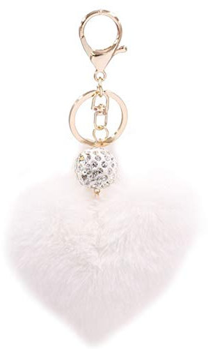 Xsclpomddy Künstliche Kaninchenhaar Flauschigen Liebesherz Pom Pom Schlüsselanhänger Glitzer Kristallstrass Taschen Koffer Rucksäcke Zubehör Charm Auto Schlüsselring für Mädchen,white