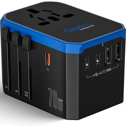 Ceptics - Adaptador de Enchufe de Viaje Internacional Mundial de 70 W, Potente tecnología GAN con PD & QC 3.0 Dual 3X USB-C Power - 2 Puertos USB Cargador de Pared Tipo I C G A 110 V 220 V A/C - EU