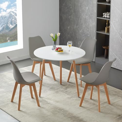 LafeuR Runder Esstisch mit 4 Stühlen Essgruppen, 4er Set Esszimmerstühle mit küchentisch Esszimmergruppe, Tischgruppe Sitzgruppe für Balkon, Küche, Wohnzimmer(Weiß Tisch + 4 Grau Stuhl)