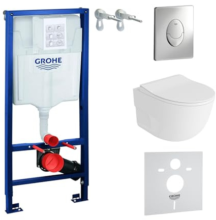 Lavita Vorwandelement Solido Start + Wand Hänge WC Sofi Slim Weiß Spülrandlos + WC Sitz mit Absenkautomatik Verchromter Knopf Komplettset Unterputz Spülkasten Toilette Komplett Sett WC