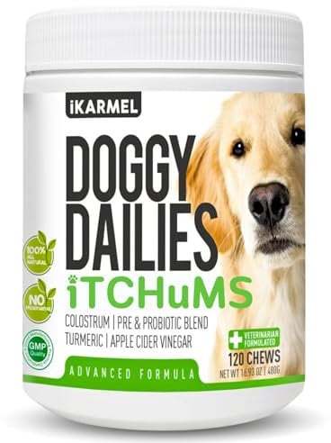 Doggy Dailies iTCHuMS | Itchy Dog Skin Relief | Probiotcs Dogs Allergy Itch Treats Anti Scratching Paws Ears Eyes Immunity Support Coat, Gut & Immune Health Supplements.