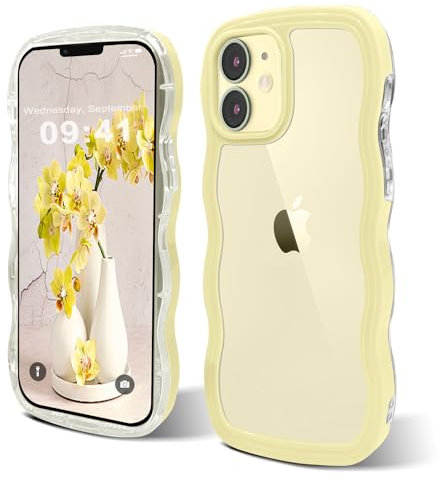 ORDA case for iPhone 12 case Cute, Wave Frame Curly Shape for iPhone 12 case Shockproof Hard PC Phone Cover for Women and Girls Compatible for iPhone 12/12 Pro 6.1 inchs Bright Yellow