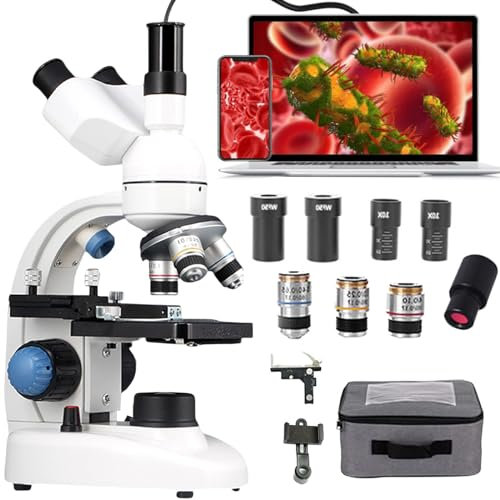 emobwdy Microscope Trinoculaire Composé 40x-30000x/50000x/70000x, Microscope Professionnel De Qualité Recherche, Microscope éClairé par LED à Deux Niveaux, Microscope Adulte avec Oculaire E,50000X