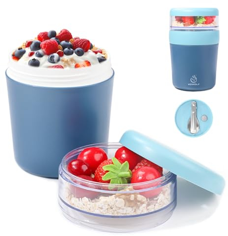 YOWOLF Müslibecher to Go 500ml+150ml, Praktischer Müslibecher & Joghurtbecher für Picknick, Auslaufsicherer Joghurtbecher to Go Lunchpot mit Löffel, Müsli to go Becher Yoghurt to Go mit Deckel, Blau