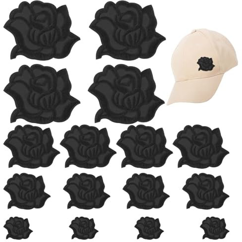 16pcs 4 Size Flower Iron on Patches,Black Rose Flower Patches,Embroidery Patches,for Jeans Jacket Sweater Hats Shoes Bags for Women