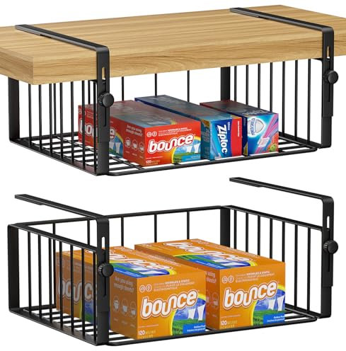 AmonHouseware 2Pack Under Shelf Basket Organizer,Adjustable Hanging Holder Storage for Cabinet Pantry Kitchen Cupboard Desk Counter Bookshelf Organization Add-on Space Saver Heavy Duty Slide-in,Black