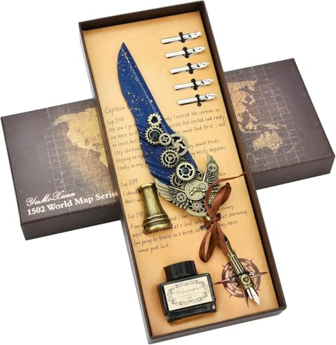 LSFCHYBY Quill Feather Pen and Ink Set,Calligraphy Set,Calligraphy Kits Include Antique Quill Feather Pen,5Nibs,1 Bottles Inks,Pen Holder for Beginners Birthday Gift (Treasure Blue)