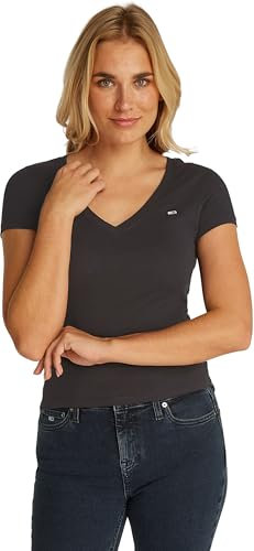 Tommy Jeans Camiseta de Manga Corta Mujer Slim con Cuello de Pico, Negro (Black), XS