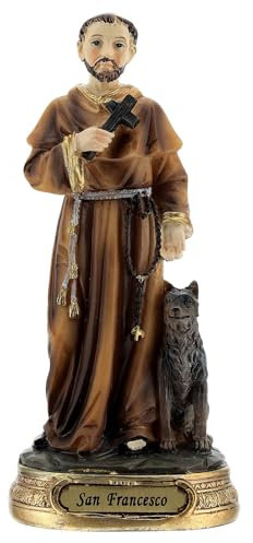 Statue aus Harz Franz von Assisi mit Kreuz und Wolf, 13 cm